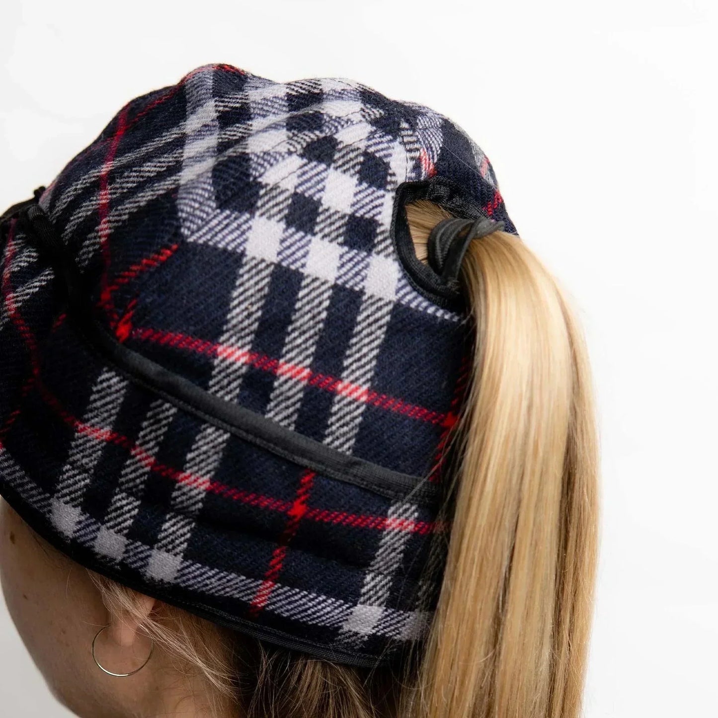 Ladies Wool Blend Navy Plaid Railroad Hat with Ponytail Hole - Houlihan Saddlery LLC