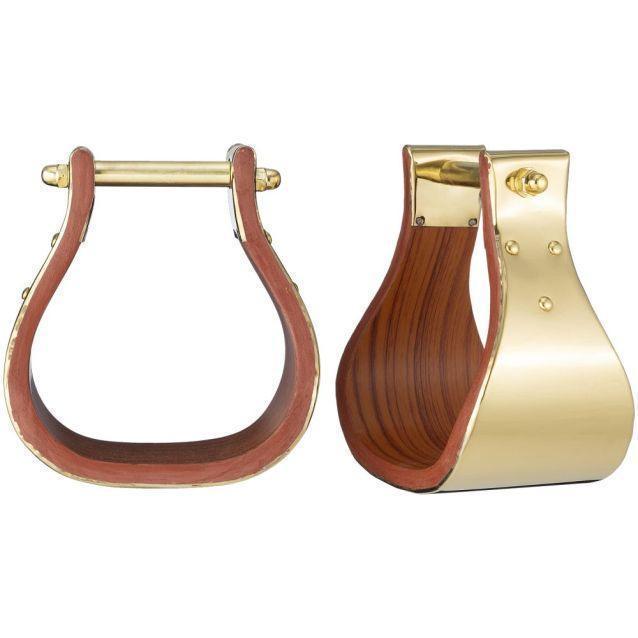 Tough1 Polished Brass Wood Stirrups-Adult - Stirrups Tough1 Houlihan Saddlery LLC