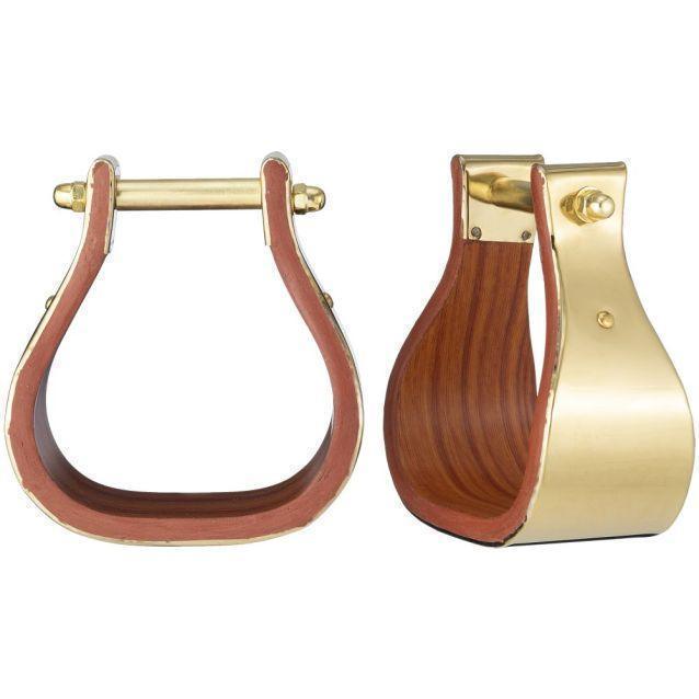 Tough1 Polished Brass Wood Stirrups-Youth - Stirrups Tough1 Houlihan Saddlery LLC