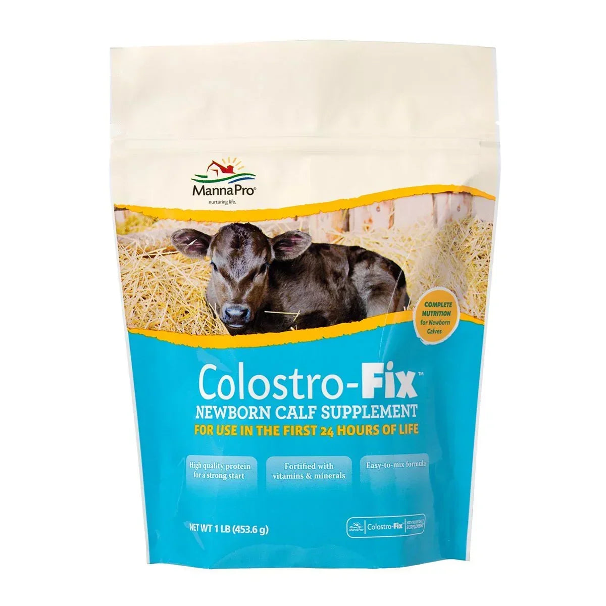 Colostro-Fix newborn calf supplement bag with a calf and hay, animal health product