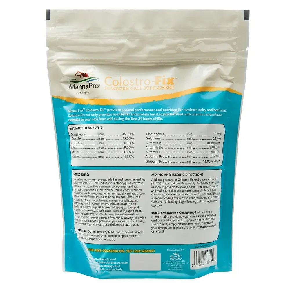Back of Manna Pro Colostro-Fix newborn calf supplement bag with nutrition facts and directions