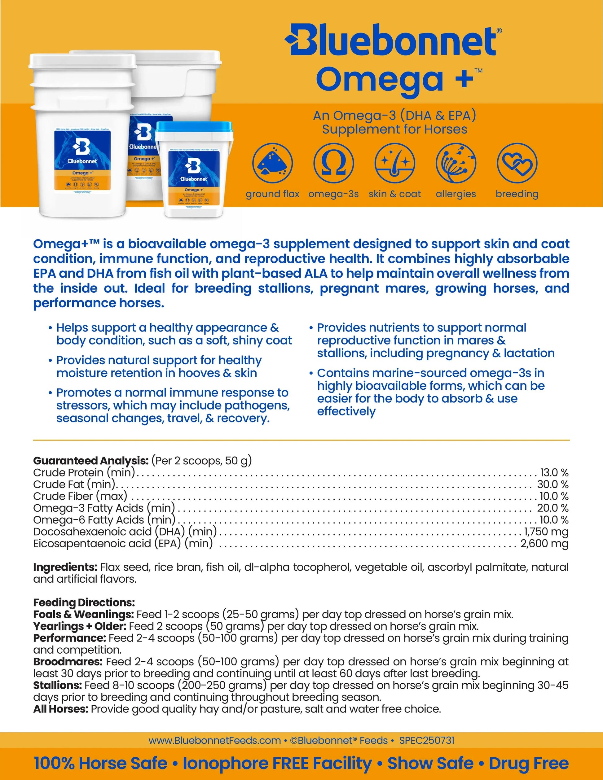 Bluebonnet Omega +™ - Horse Supplements Bluebonnet Feeds Houlihan Saddlery LLC
