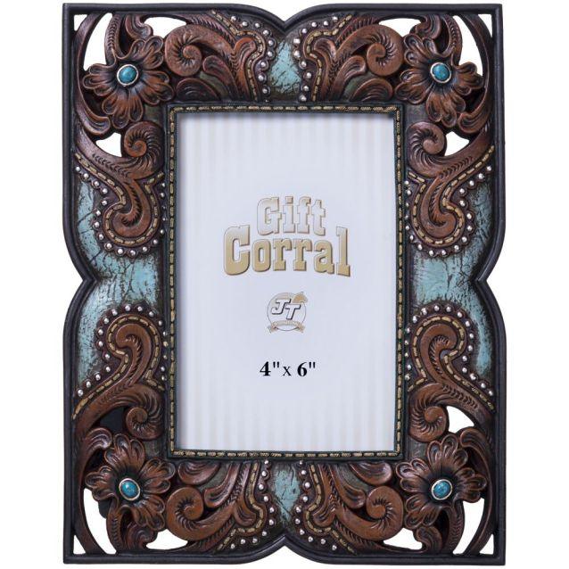 Floral Leather Picture Frame with Turquoise - Houlihan Saddlery LLC