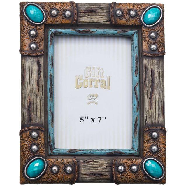 Wood and Turquoise Stone Picture Frame - Houlihan Saddlery LLC